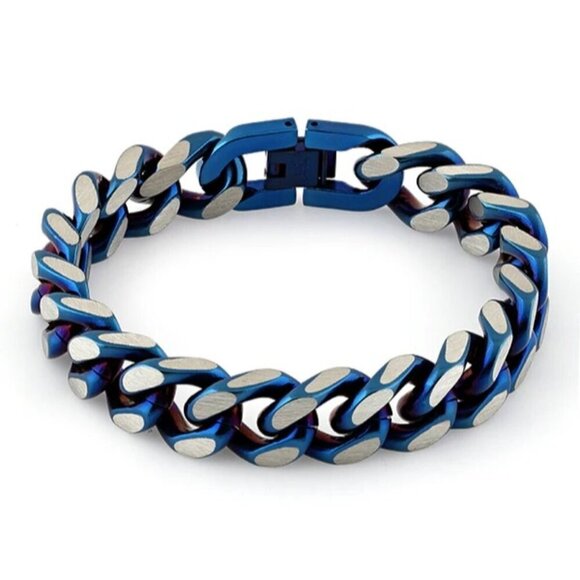 Stainless Steel Curb IP Blue Link Bracelet - Picture 1 of 3